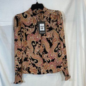 Who What Wear Women's Black and Cream Paisley Puff Long Sleeve Shirt NWT